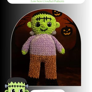 May include: A handmade Frankenstein's monster plushie, crocheted with green, purple, brown, and black yarn. The plushie has a stitched face, black hair, and a gray neck. The image includes the text "Frankenstitch" and "Low Sew Crochet Pattern".