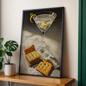 Print met martini en kaascrackers | Schattig eigenzinnig grillig | Cocktail Art Decor Barwagen | Elegant olieverfschilderij cadeau AFDRUKBAAR