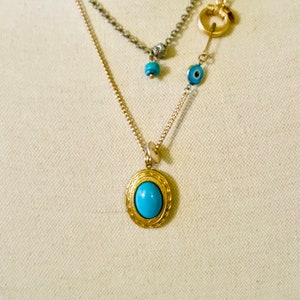Vintage Locket w/turquoise and mixed media upcycled charm’s necklace