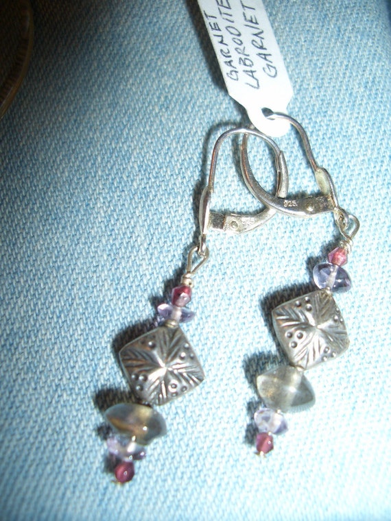Sterling Silver  Labradorite & Garnet earrings Handmade
