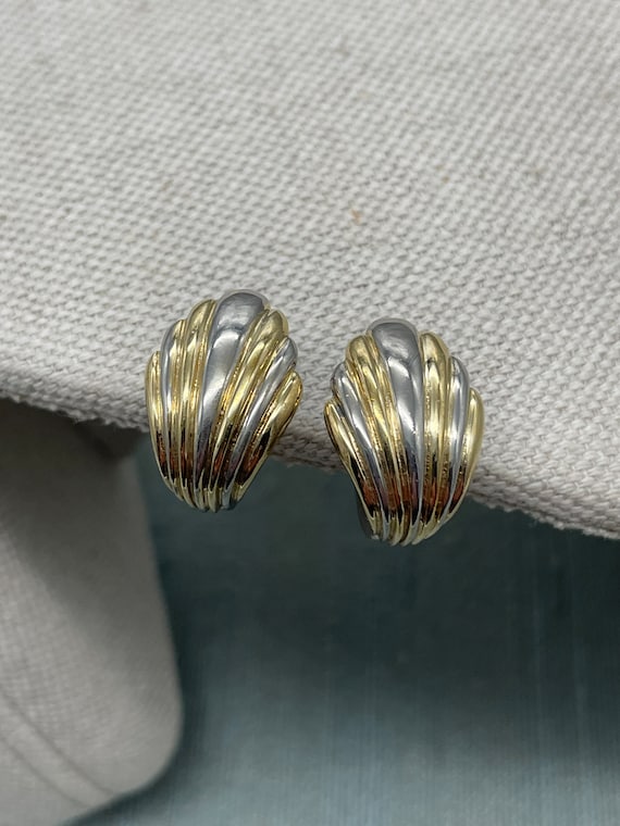 Two Tone Sterling Silver Huggie Shell Earrings