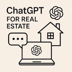 Op de afbeelding: Zwart-witte lijnillustratie van een laptop met een chatbubble en een huis. Het laptopscherm toont een gestileerd logo van een zespuntige ster. De tekst "ChatGPT FOR REAL ESTATE" staat boven de afbeelding.