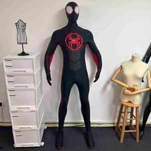 May include: A full-body black spandex suit featuring a red spider emblem on the chest, red accents along the sides of the arms and legs, and a matching full-head mask with white eye lenses, designed to resemble a superhero costume.