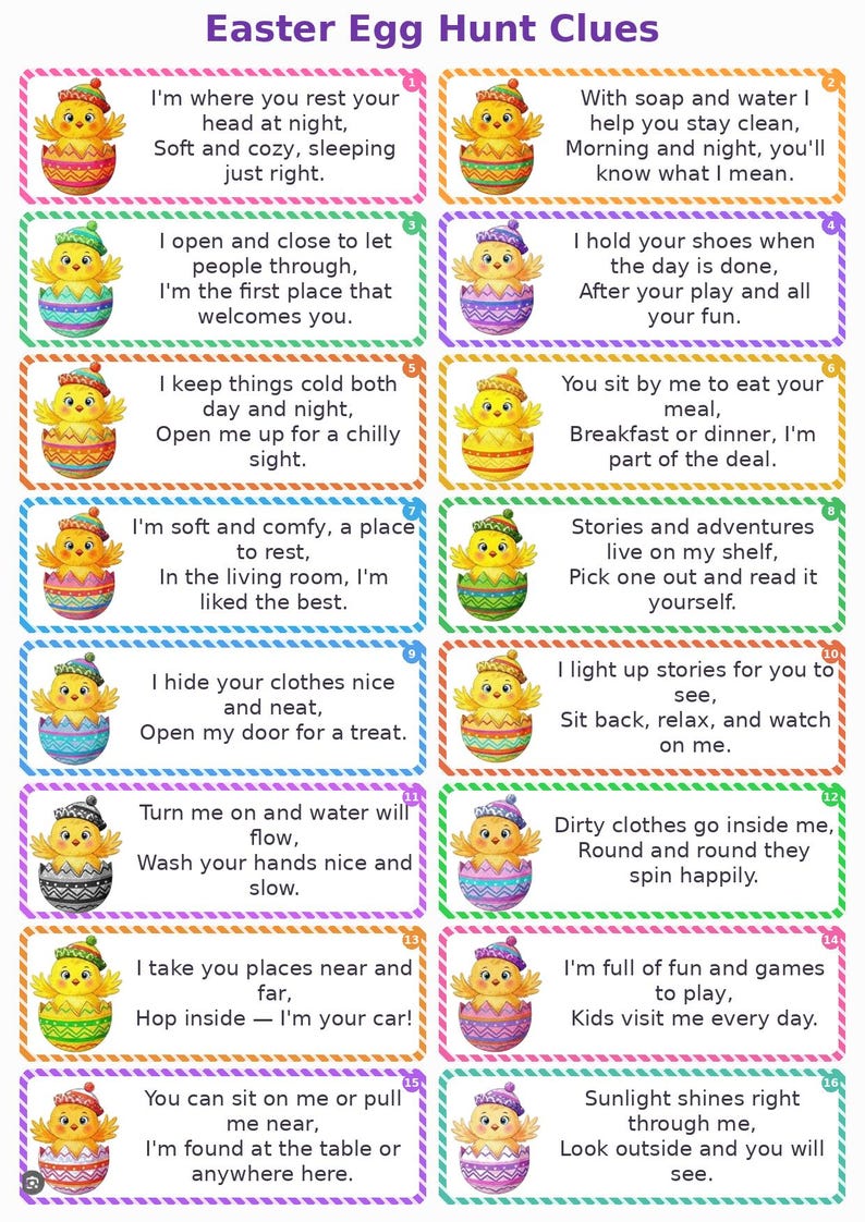 Easter Egg Hunt Scavenger Clue Cards: Indoor & Outdoor Game (printable ...