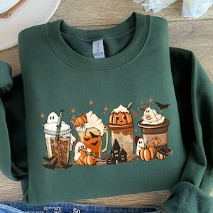 Halloween Spooky Coffee Latte Sweatshirt, Fall Cozy Pullover, Pumpkin Spice Lover, Halloween Sweaters, Pumpkin Coffee, Fall Sweatshirts