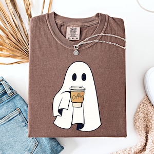 Ghost Holding Coffee Shirt, Halloween Coffee Shirt, Spooky Season Comfort Colors Tee, Cute Ghost Graphic T-Shirt, Fall Coffee Lover Top