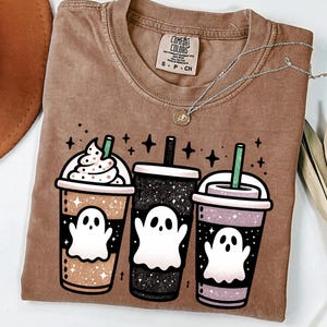 Halloween Coffee Ghost Shirt, Comfort Colors Spooky Season Tee, Fall Pumpkin Spice, Halloween Coffee Shirt, Cute Ghost Coffee Lover Top