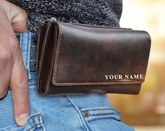 Leather Phone Belt Holster: Personalized Full Grain Pouch, iPhone Samsung Compatible