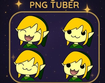 Puede incluir: Un conjunto gráfico digital titulado Fairy Boy PNG TUBER que presenta cuatro cabezas de personajes de dibujos animados con cabello amarillo, orejas puntiagudas y ropa verde. Cada cabeza muestra diferentes expresiones faciales.