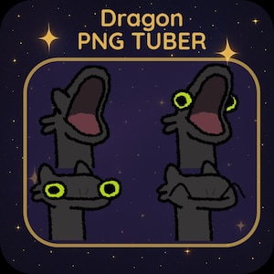 May include: A digital illustration of four cartoon dragons. The dragons are black with open mouths, green eyes, and a dark purple background with stars. The text "Dragon PNG TUBER" is at the top, within a gold border.