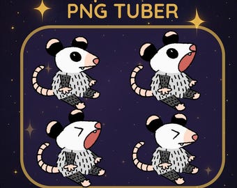 Puede incluir: Ilustración digital con cuatro zarigüeyas de dibujos animados. Cada zarigüeya tiene una cara blanca, nariz rosa, orejas negras y cuerpo gris y blanco. El texto "Opossum PNG TUBER" está en la parte superior, sobre un fondo azul oscuro.