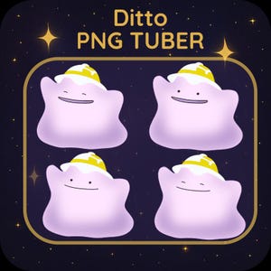 Könnte beinhalten: Digitalgrafik mit vier Ditto-Charakteren, jeweils mit einem hellvioletten Körper und einem gelben Hut. Der Text "Ditto PNG TUBER" steht oben. Der Hintergrund ist dunkelblau mit goldenen Sternen und einem goldenen Rahmen.