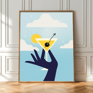 Wanderlust Martini Cocktail Art Print - Samolot Olive, Motyw podróży wakacyjnej Nowoczesny wózek barowy i wystrój domu Cyfrowe pobieranie