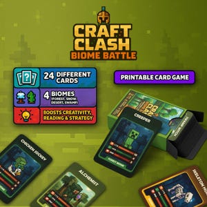 Batalha de Biomas Craft Clash | Jogo de Cartas Minecraft para Imprimir | Atividade Educativa Infantil | Jogo de Festa Minecraft | Jogo para Família em PDF