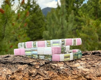 Blossom Tila Bead Stackable Waterproof Bracelets, Pink, Green, Floral