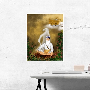 May include: An illustration depicts a Sikh man in white attire, seated in meditation. A golden temple and a white silhouette are in the background. The artwork is surrounded by pink flowers, set against a golden and brown backdrop.