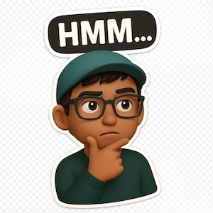 Peut inclure: Illustration de dessin animé d'une personne à la peau brune portant un chapeau vert, des lunettes et une chemise verte. La personne réfléchit et a la main sur le menton. Le texte "HMM..." est au-dessus de la tête de la personne.