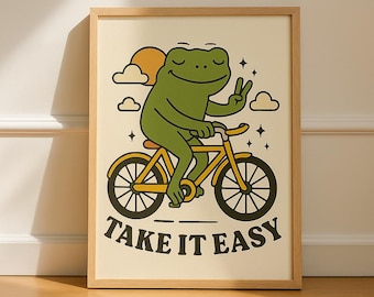 Take It Easy – Frog on a Bicycle Wall Art | Whimsical Printable PNG | Instant Download Art for Home Decor