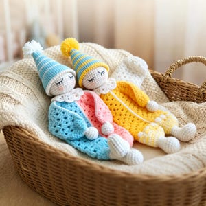 May include: Two handmade crochet dolls rest in a wicker basket lined with a cream-colored blanket. One doll is blue and pink, the other is yellow and pink. Both dolls have white collars, closed eyes, and striped hats with pom-poms.