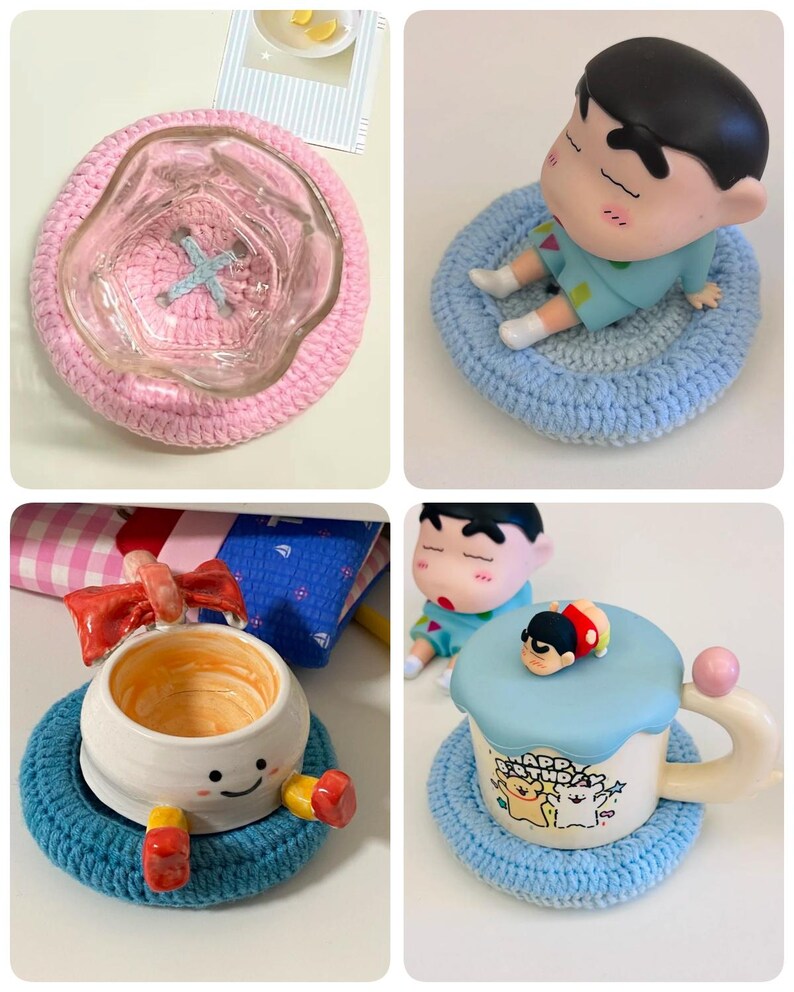 May include: A collection of handmade crochet coasters in pink and blue, featuring a clear glass bowl, a small cartoon character figurine, a ceramic cup with a red bow, and a ceramic mug with a blue lid and a small character topper.
