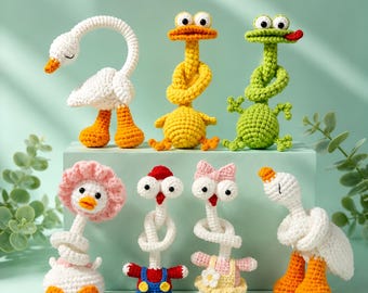6-in-1 dierenhaakpatroon met lange hals amigurumi pdf, ontwerpen tashanger sleutelhanger