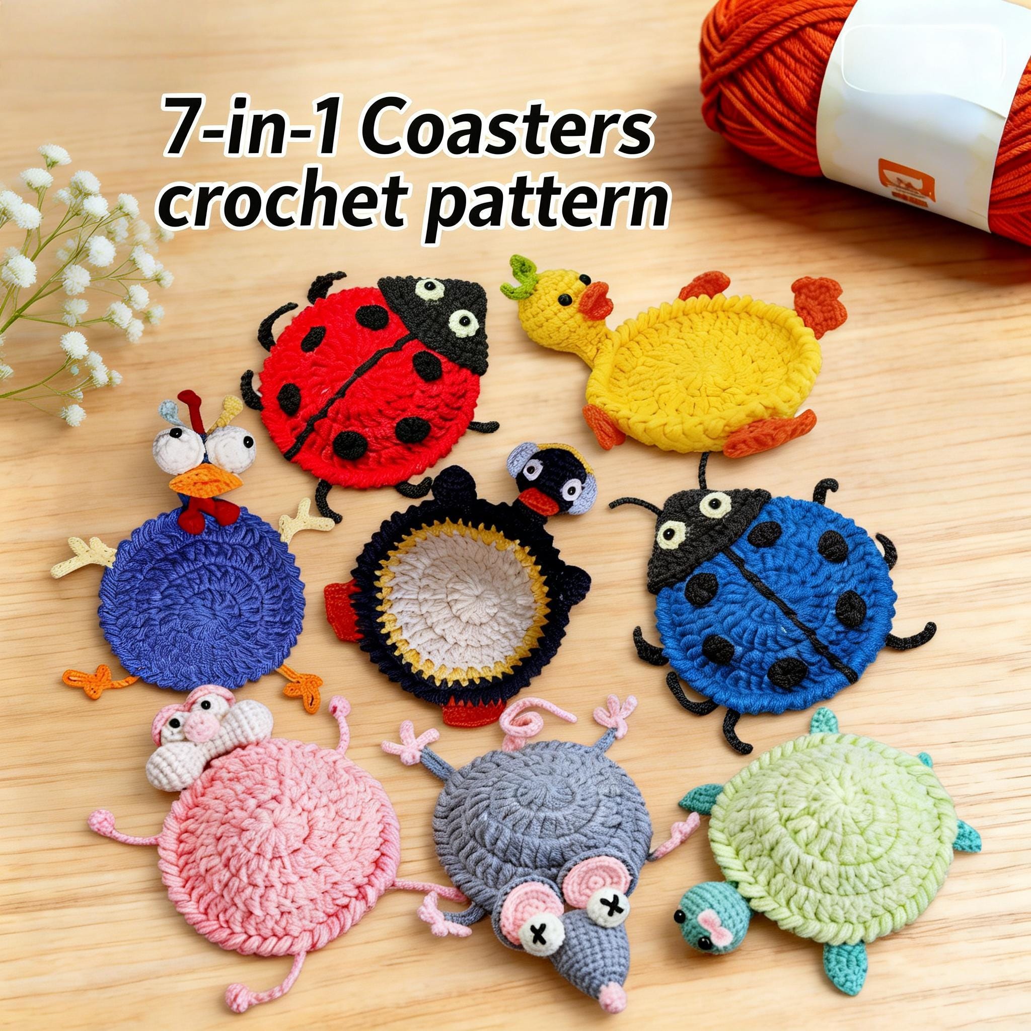 Pop-up Coasters Crochet Pattern PDF, 7in1 Funny Bouncy Animal