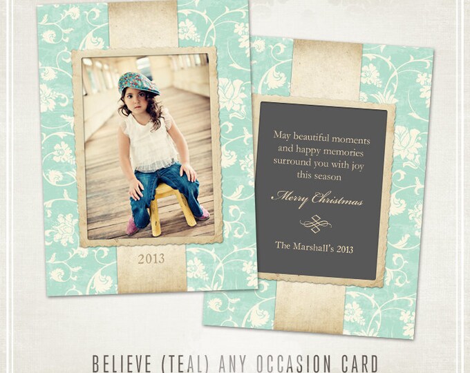 Believe Christmas Card Template teal Millers Lab 5x7 Etsy
