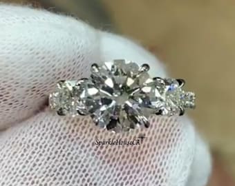 Anello con tre pietre in moissanite brillante rotonda da 3,00 TCW, anello di fidanzamento, fede nuziale per lei, anello personalizzato per donna, anello di promessa con 3 pietre