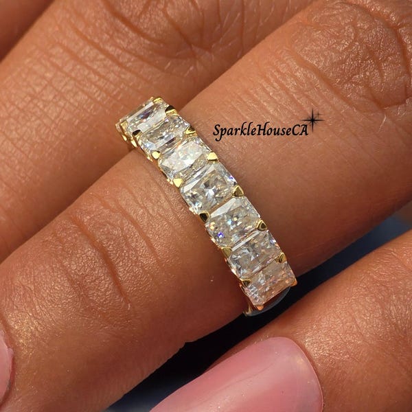 Radiant Cut Moissanite Stone Ring / 18K Solid Yellow Gold Half Eternity Band / Stackable Wedding Band / Promise Anniversary Gift for Women