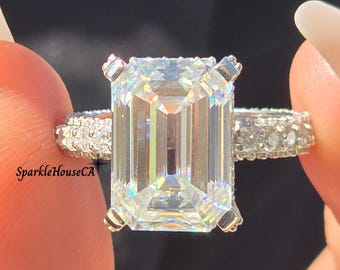 4.00CT Emerald Cut Moissanite Gold Ring, Hidden Halo Wedding Ring, Basket Setting Full Eternity Pave Set Ring, Anniversary Gift Ring For Her