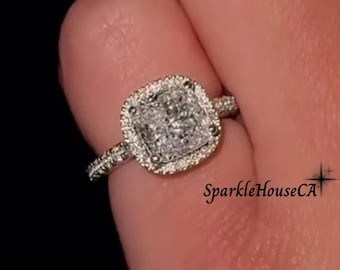Stunning 2.5CT Cushion Cut Colorless Moissanite Halo Engagement Ring, Cathedral Hidden Halo Pave Wedding Ring Unique Handmade Ring for Bride
