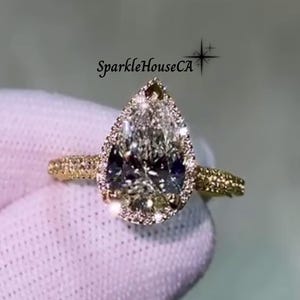 Classic Pear Cut 4 CT Moissanite Halo Engagement Ring, Pave Setting Solid Gold Wedding Ring, Cathedral Set Anniversary Gift Ring for Her.
