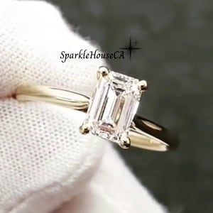 Emerald Cut Moissanite Solitaire Wedding Ring for Her, Classic Comfort Fit Engagement Ring, 4 Claw Prong Cathedral Setting Ring, Gift Ring