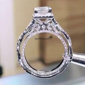 1Ct vintage Style Princess Cut Moissanite Wedding Ring 14K White Gold Filigree style Hidden Halo Ring, Crossover Eternity Pave Set Band Ring
