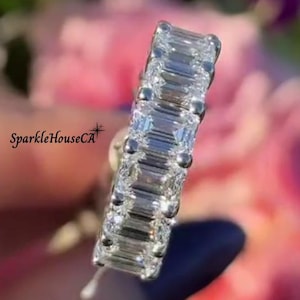Emerald Cut Moissanite Wedding Band, Shared Prong Full Eternity Gold Anniversary Gift, Unique Stackable Promise Band For Women, Gift For Her