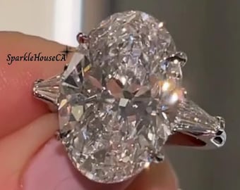 6.00CT Oval Cut Moissanite Three Stone Engagement Ring Tapered Baguette Cut Side Stone Wedding Ring Oval Cut Anniversary Ring Promise Gifts