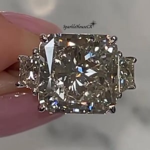 5CT Princess cut Three Stone Engagement Ring, Side Trapezoid Cut, Crushed Ice Moissanite Ring, Trilogy Ring for Women, Anniversary Gift Ring