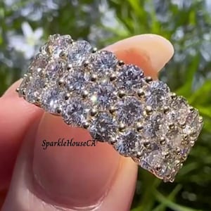 Three Row Round Cut Moissanite Half Eternity Band, Women&#39;s Wedding Band, Stacking Bridal Band, Wide Anniversary Band, 925 Sterling Silver