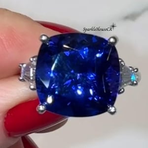 Blue Sapphire Cushion Cut Three Stone Engagement Ring - Side Tapered Baguette Cut - Lab Grown Gemstone Gold Ring For Women, anniversary Gift