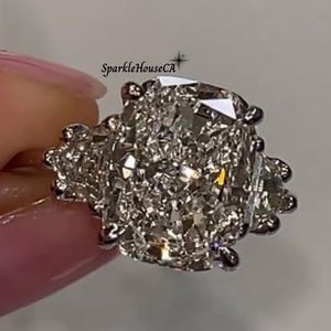 Cushion Cut Moissanite Engagement Ring, Three Stone Ring for Women, Side Half Moon Cut Cushion Wedding Ring, Anniversary Gifts, Promise Ring
