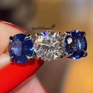 Round Moissanite 3 Stone Engagement Ring with Side Blue Sapphire, Anniversary Gift for Women, Bridal Jewelry, Two tone 10K Solid Gold Ring