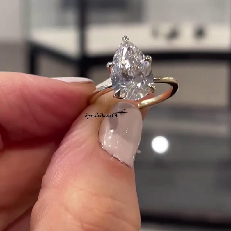 Solitaire 4CT Pear Cut Moissanite Petal Prong Engagement Ring, 14K Yellow Gold Tulip Set Wedding Ring, Anniversary Promise Gift Ring For Her image 3