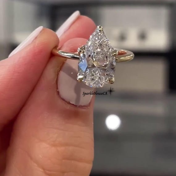 Solitaire 4CT Pear Cut Moissanite Petal Prong Engagement Ring, 14K Yellow Gold Tulip Set Wedding Ring, Anniversary Promise Gift Ring For Her