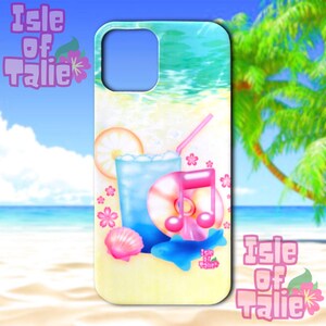 May include: A phone case featuring a beach scene with a blue drink, musical note, and seashell. The case has the text "Isle of Talie" in pink. The background shows a beach, ocean, and palm tree.
