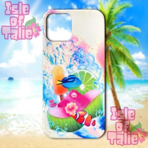 May include: A white phone case featuring a colorful beach scene with a popsicle, a blue fish, a lime slice, and a pink flower. The case has the text "Isle of Talie" in pink and purple.