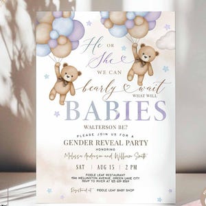 Modèle d'invitation modifiable bleu lavande, il ou elle révèle le sexe des ours en peluche, nous pouvons attendre d'eux-mêmes, saupoudrer le modèle 05T8 (3)
