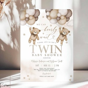 Invitación editable para baby shower de gemelos de género neutro, revelación de género, osito de peluche gemelo, "Podemos esperar", plantilla de invitación para baby shower con chispas 05T5