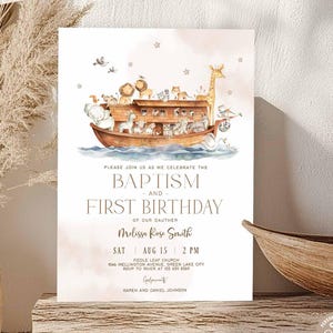 Editable Gender Neutral Noah&#39;s Ark Theme Animals Baptism First Birthday 2nd Birthday Invitation Invite Template 14V1 (3-1)
