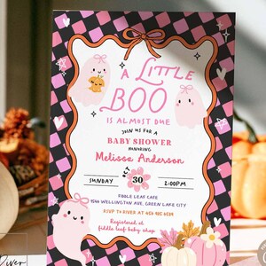 Editable Black Pink Checker Girl Ghost Halloween Baby Shower Invitation: A Little Boo Sprinkle Shower Digital Instant Download 07V1 (1)