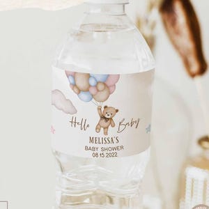 Bearbeitbares Gender Neutral offenbaren rosa blaues Teddybär-Wasserflaschenetikett Wir können Bären-Dusche-Geburtstagsaufkleber-Etikettenvorlage 05V10